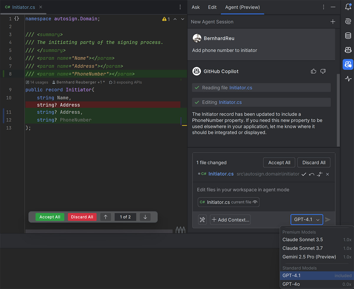 autoscan-Software-development-ai-screenshot-copilot Screenshot of a development environment (Visual Studio Code) with a C# file named Initiator.cs open. The focus is on a modification to the Initiator record, where a new PhoneNumber field of type string? has been added. In the right sidebar, the GitHub Copilot Agent is active, describing the change and noting that the new property has been integrated. At the bottom, a model selection dropdown is visible, with “GPT-4.1” currently selected.