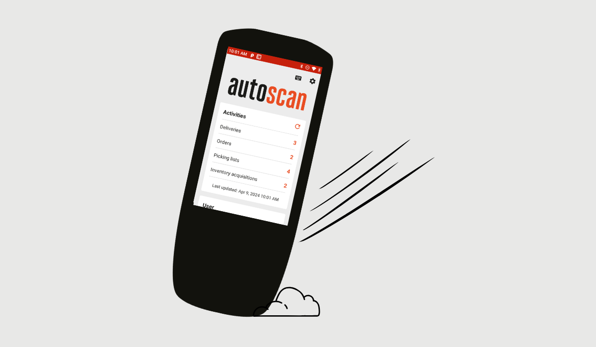 Illustration of a scanner displaying the autoscan app, shown with motion lines to symbolize speed – screen shows interface with activities like deliveries, orders, and picking lists.